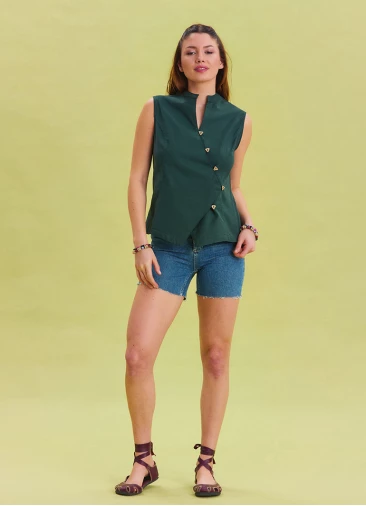 V Neck Cross Button Green Summer Blouse 4548